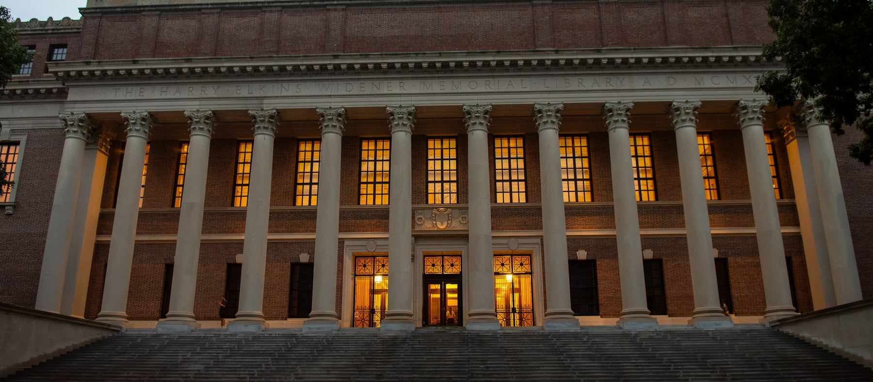 A university library at dusk in the United States