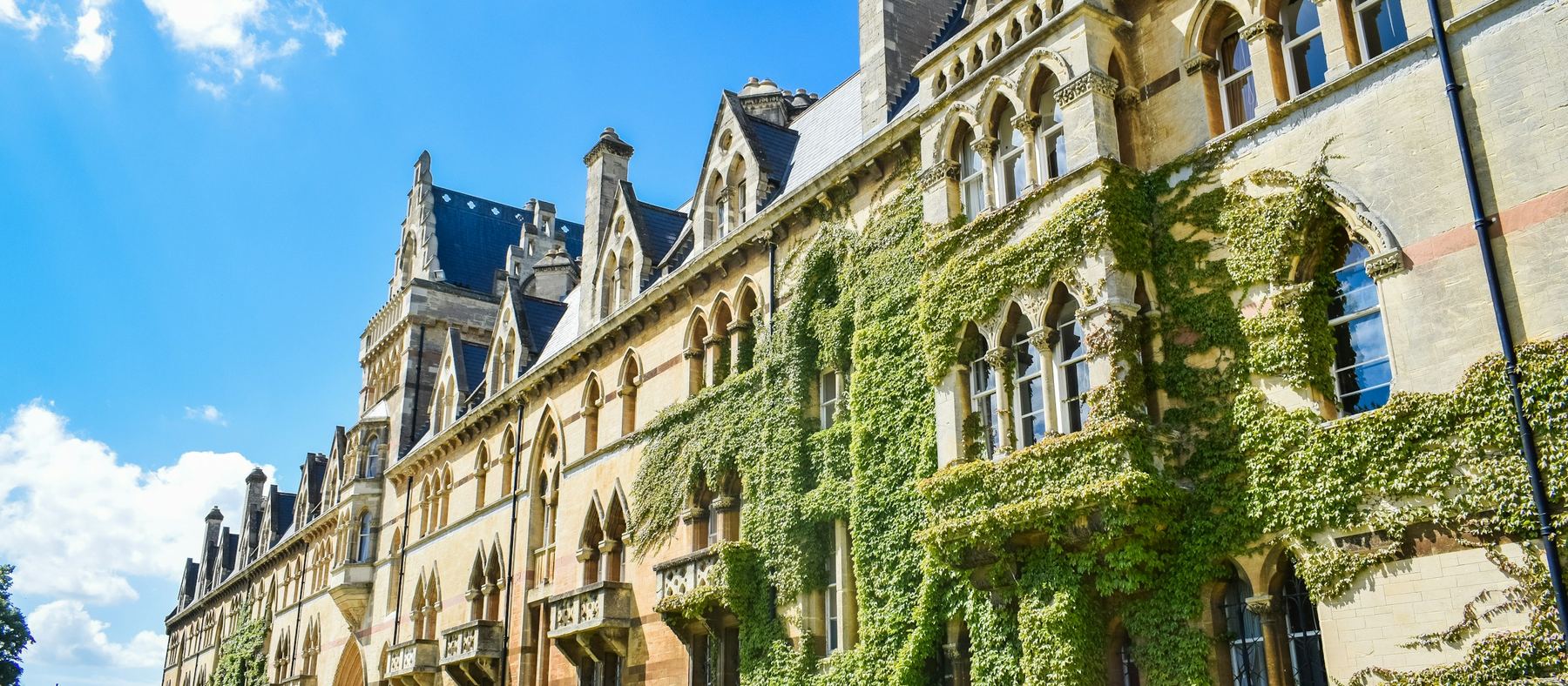 A historic university building covered in ivy in Oxford